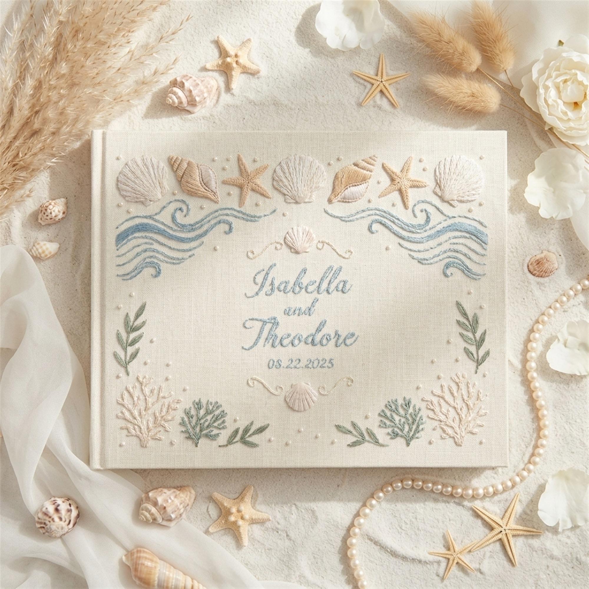 Personalized Handmade Embroidered Beach Wedding Guest Book And Linen Sea Theme Guestbook Album, Polaroid Photo Keepsake Gift