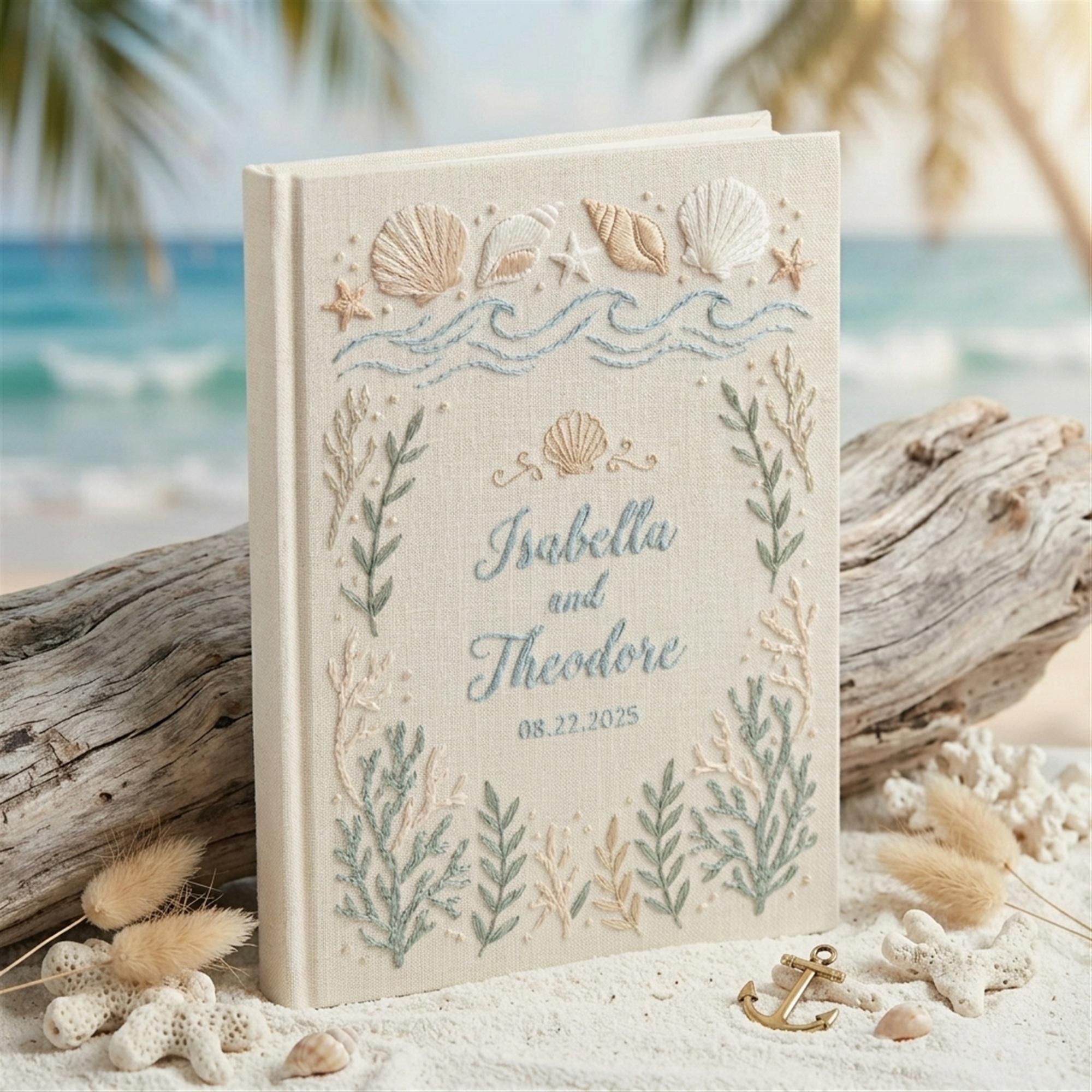 Personalized Handmade Embroidered Beach Wedding Guest Book And Linen Sea Theme Guestbook Album, Polaroid Photo Keepsake Gift - photo 2