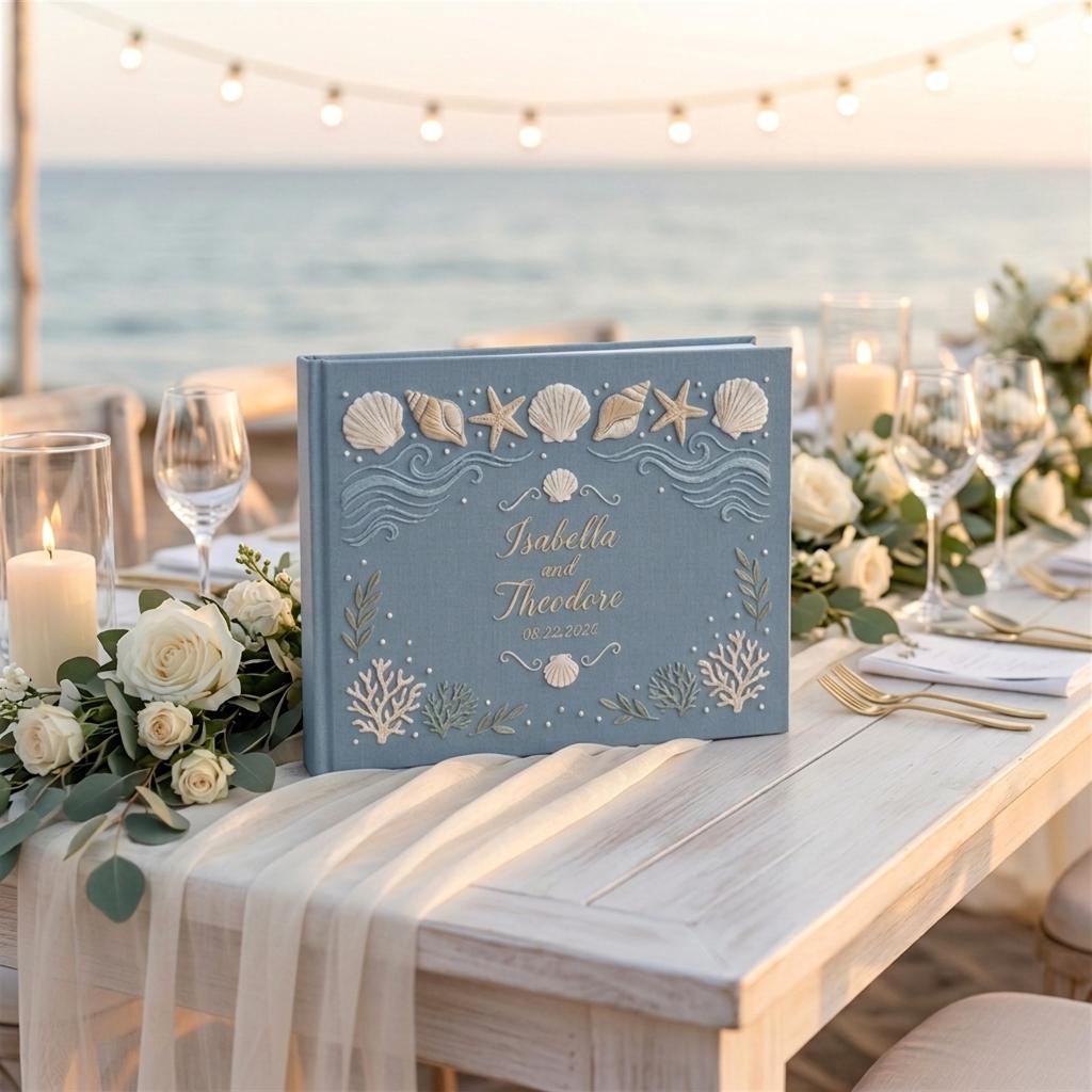 Personalized Handmade Embroidered Beach Wedding Guest Book And Linen Sea Theme Guestbook Album, Polaroid Photo Keepsake Gift - photo 4