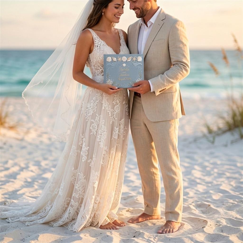 Personalized Handmade Embroidered Beach Wedding Guest Book And Linen Sea Theme Guestbook Album, Polaroid Photo Keepsake Gift - photo 10
