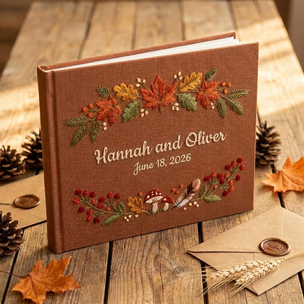 Personalized Fall Wedding Guest Book with Embroidered Linen Autumn Guestbook Album and Rustic Wedding Keepsake Gift