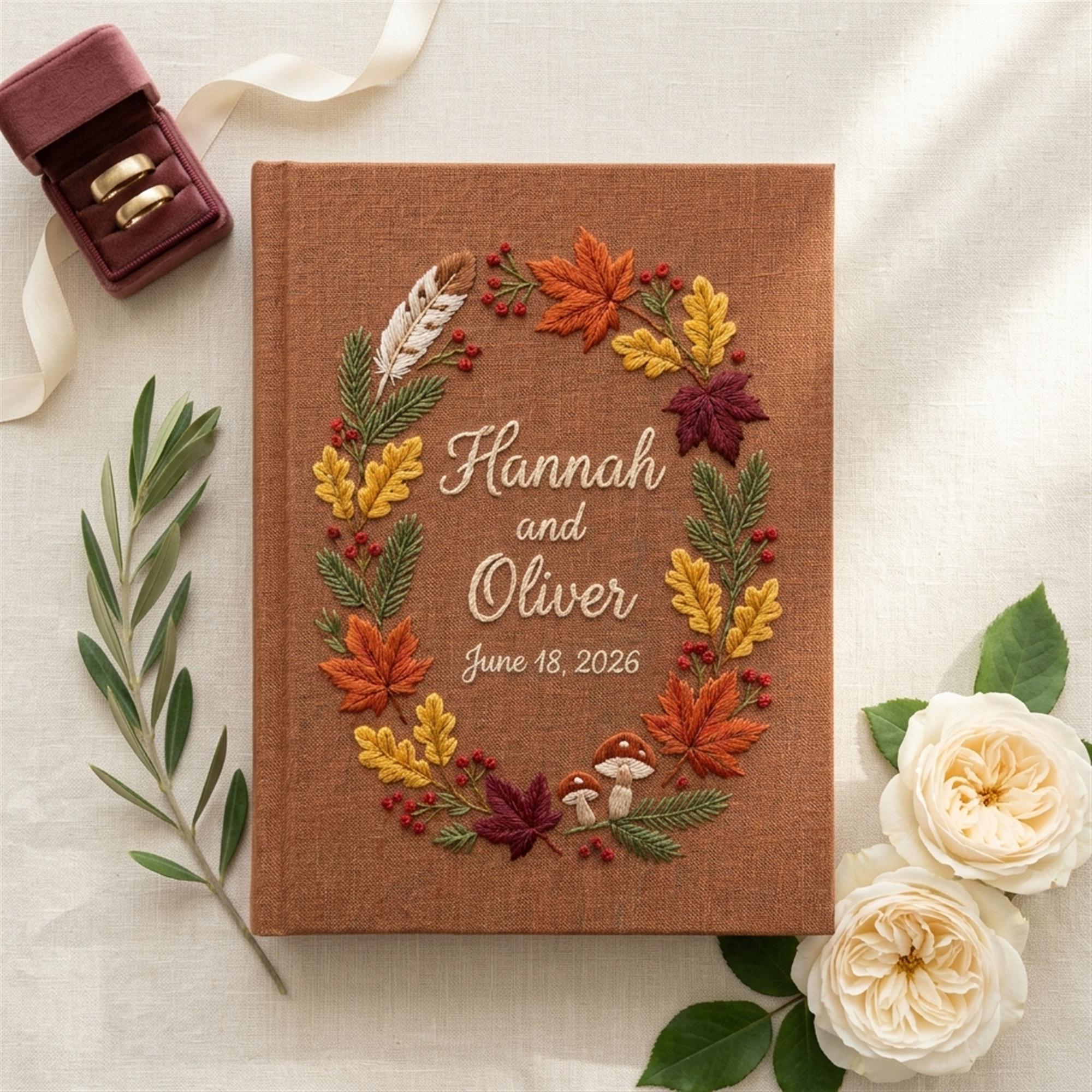 Personalized Fall Wedding Guest Book with Embroidered Linen Autumn Guestbook Album and Rustic Wedding Keepsake Gift - photo 2