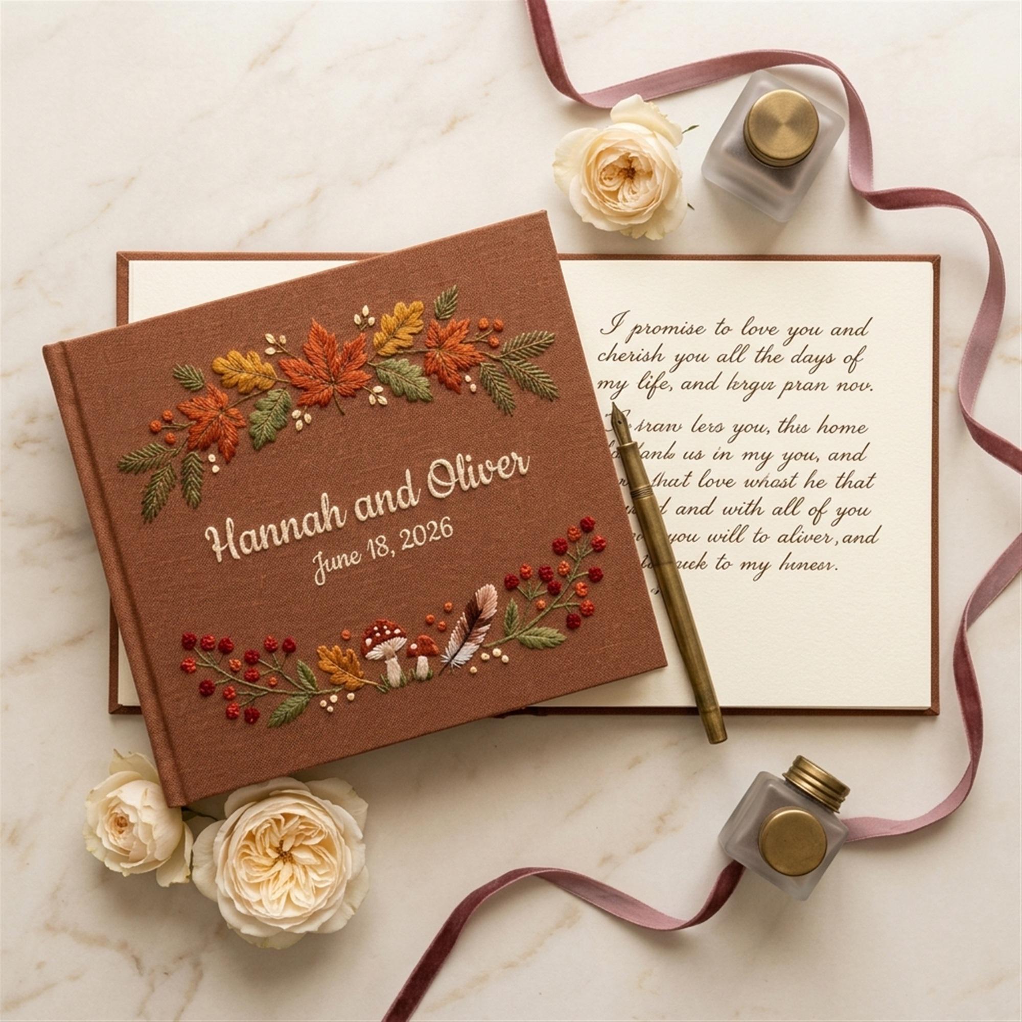 Personalized Fall Wedding Guest Book with Embroidered Linen Autumn Guestbook Album and Rustic Wedding Keepsake Gift - photo 3