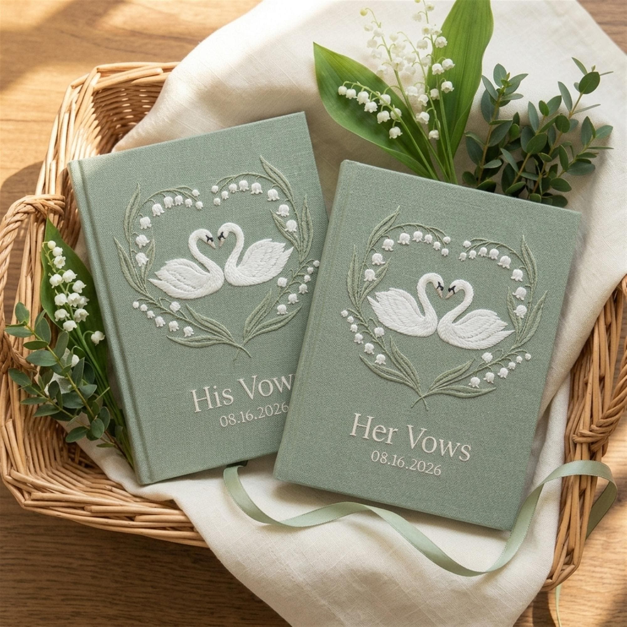 White Floral Lily of the Valley Wedding Vow Books Set of 2, Handmade Swan Heart His and Her Vow Notebooks Wedding Keepsake