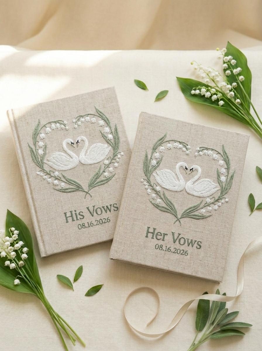 White Floral Lily of the Valley Wedding Vow Books Set of 2, Handmade Swan Heart His and Her Vow Notebooks Wedding Keepsake - photo 2
