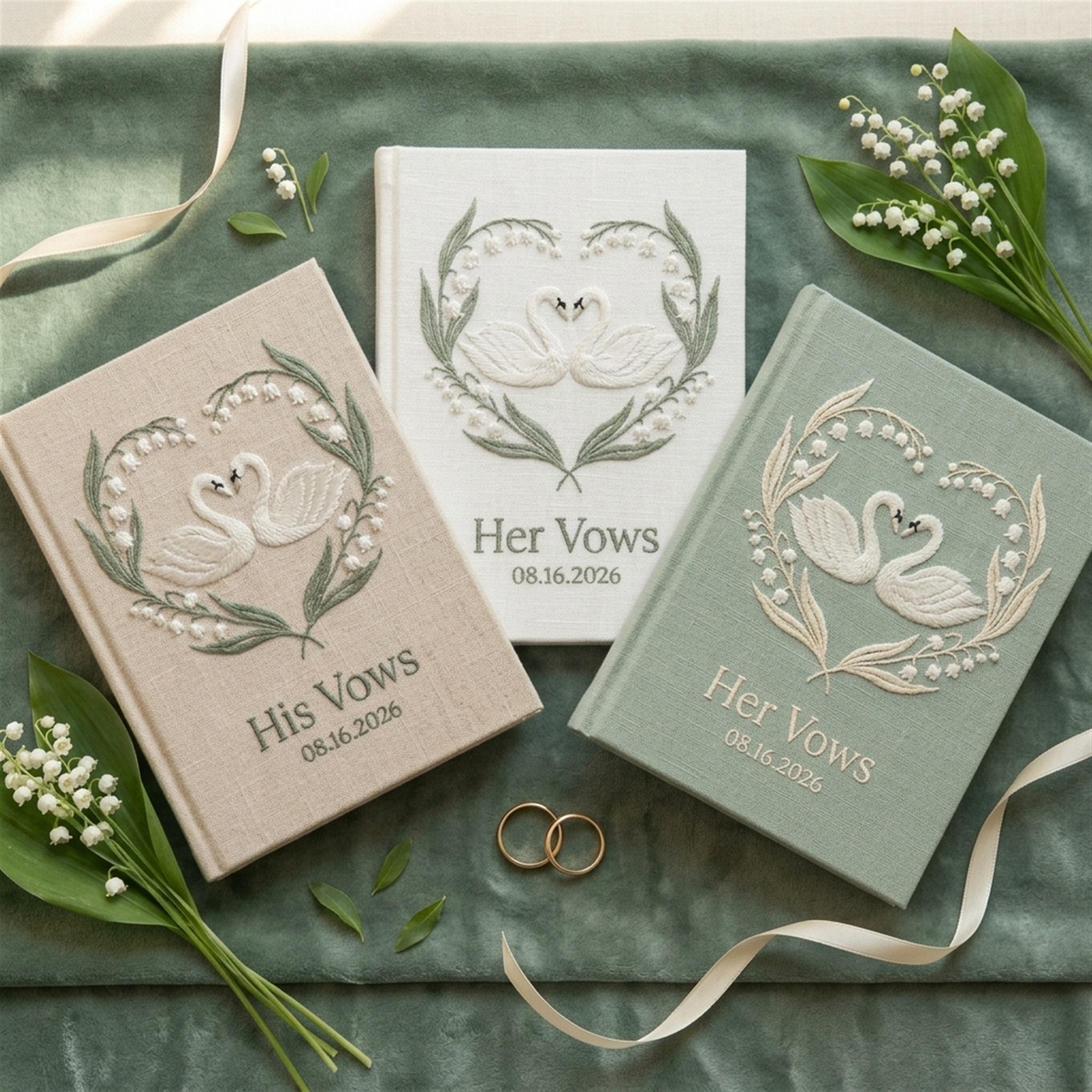 White Floral Lily of the Valley Wedding Vow Books Set of 2, Handmade Swan Heart His and Her Vow Notebooks Wedding Keepsake - photo 3