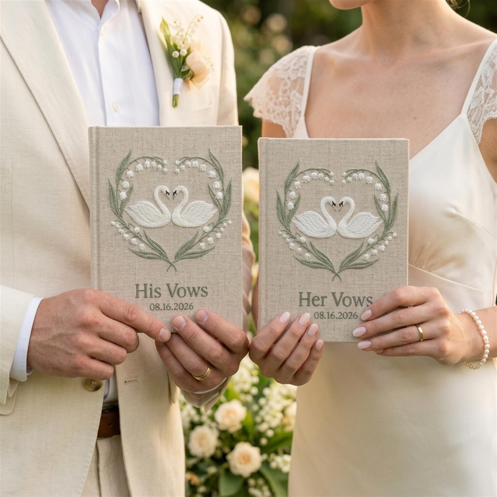 White Floral Lily of the Valley Wedding Vow Books Set of 2, Handmade Swan Heart His and Her Vow Notebooks Wedding Keepsake - photo 4