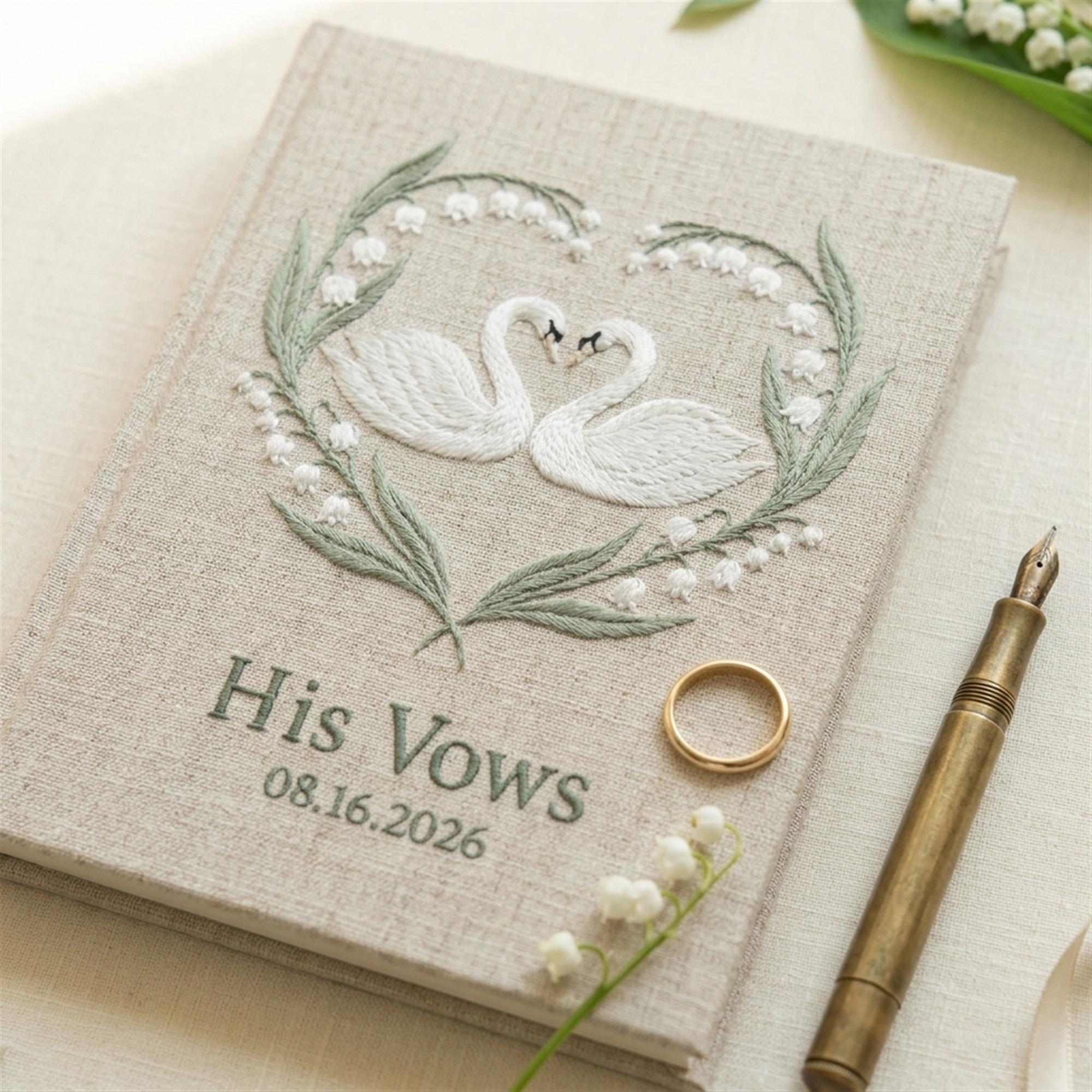 White Floral Lily of the Valley Wedding Vow Books Set of 2, Handmade Swan Heart His and Her Vow Notebooks Wedding Keepsake - photo 10