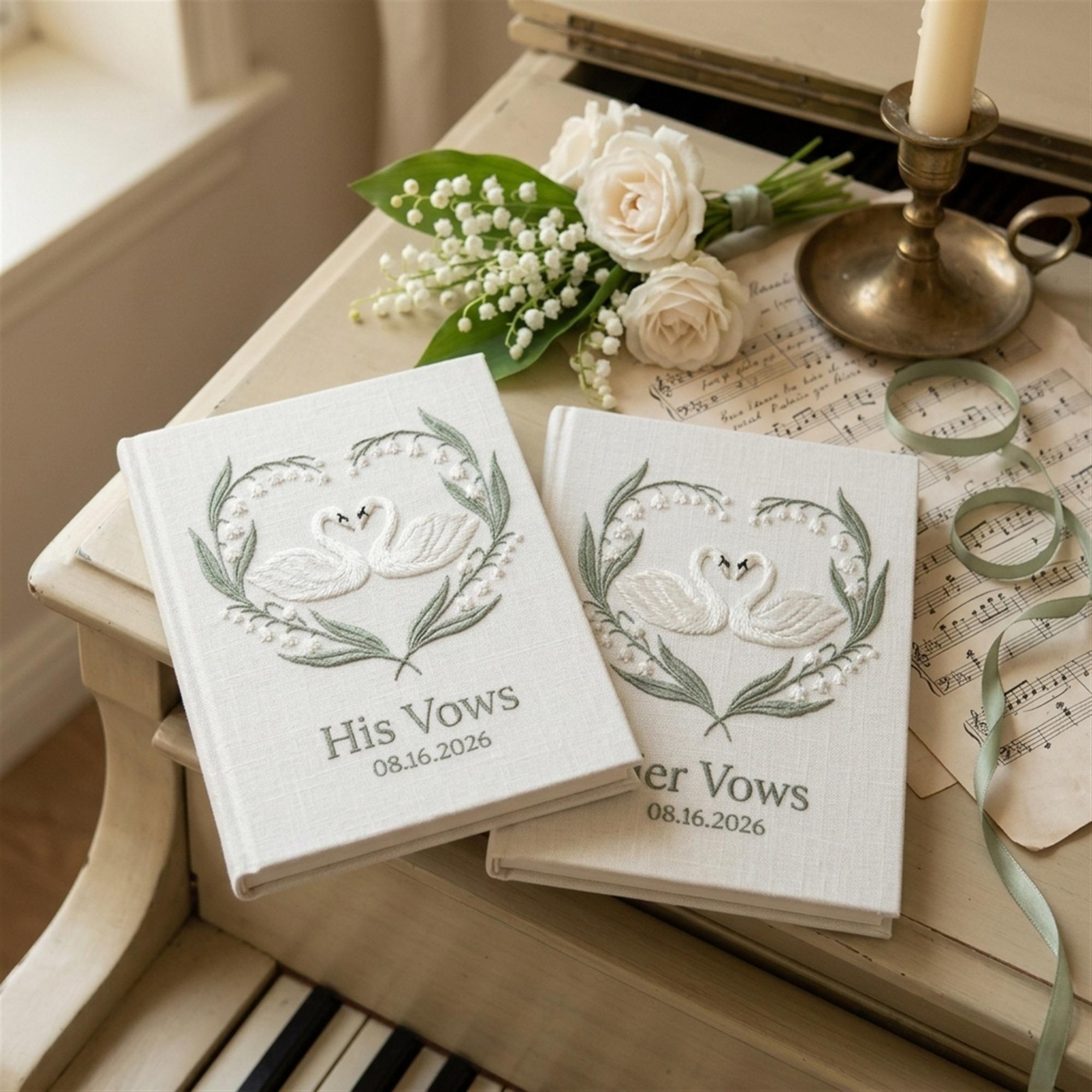 White Floral Lily of the Valley Wedding Vow Books Set of 2, Handmade Swan Heart His and Her Vow Notebooks Wedding Keepsake - photo 11