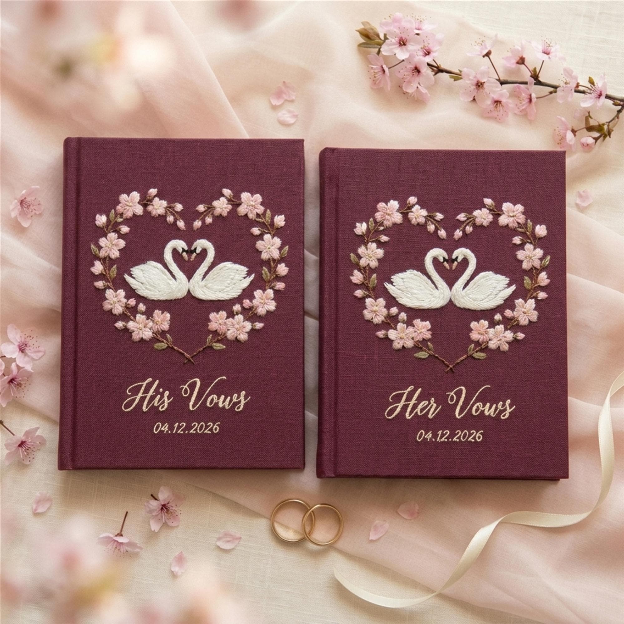 Embroidered Swan Cherry Blossom Wedding Vow Books Set of 2 with His and Her Swan Heart Vow Notebooks Keepsake