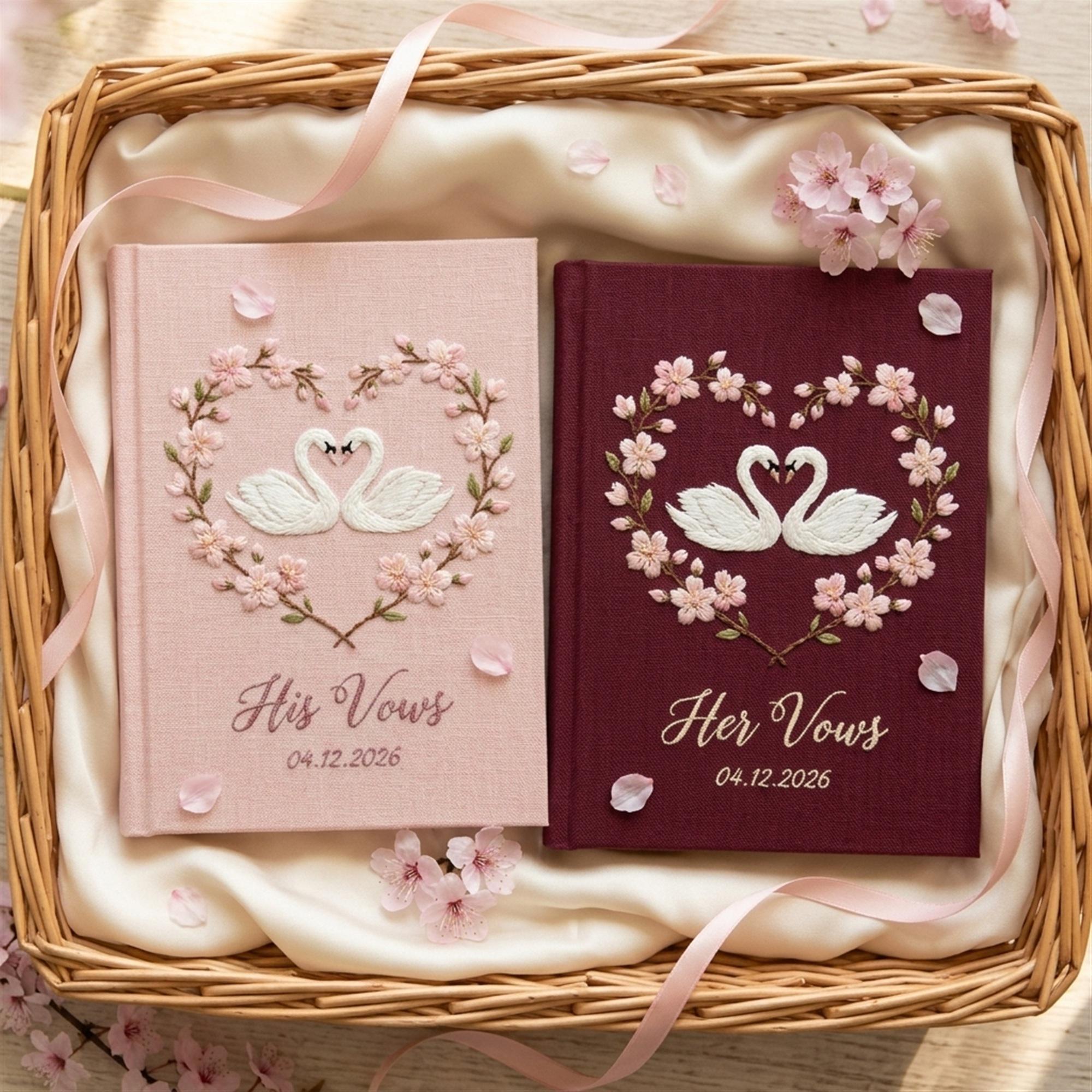 Embroidered Swan Cherry Blossom Wedding Vow Books Set of 2 with His and Her Swan Heart Vow Notebooks Keepsake - photo 2