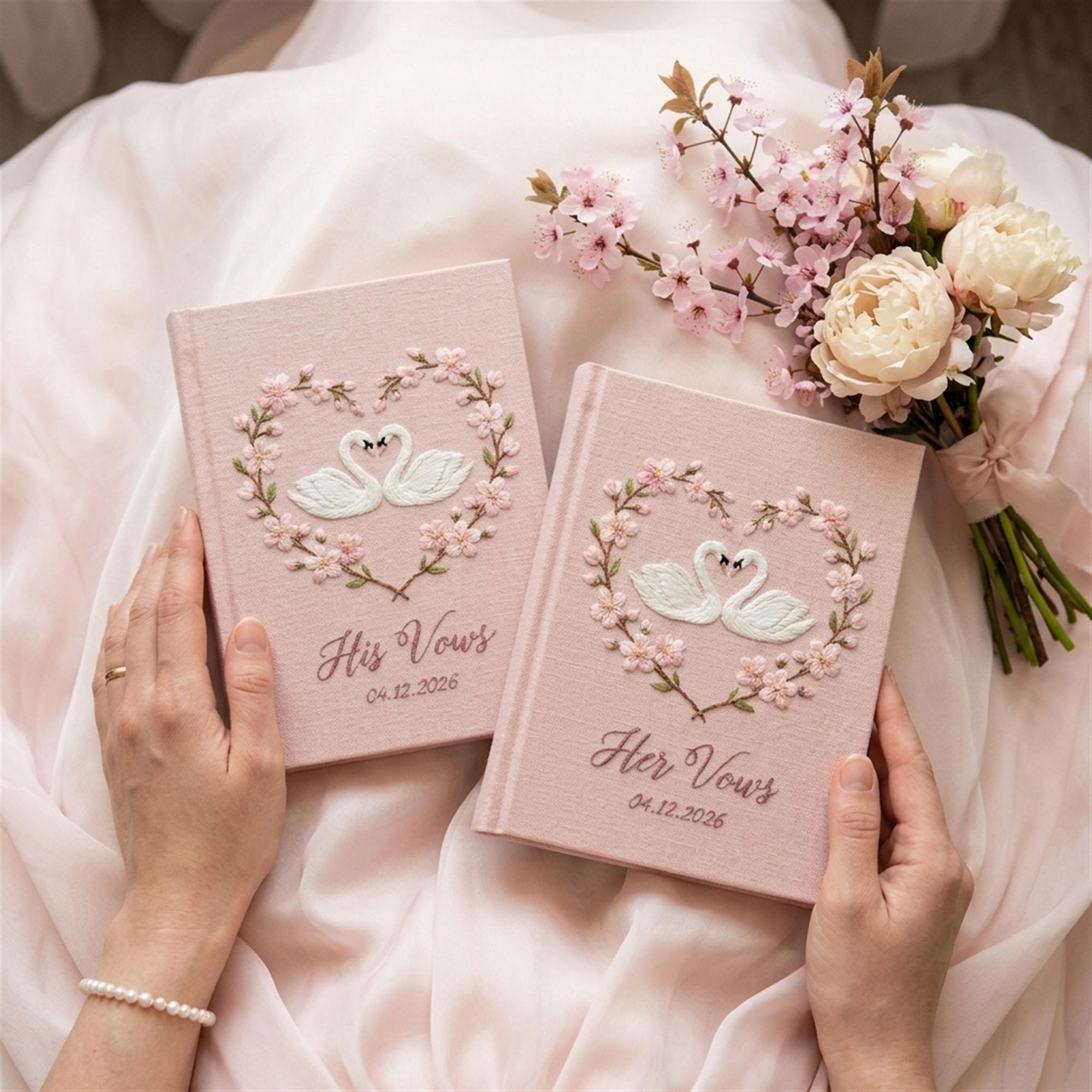 Embroidered Swan Cherry Blossom Wedding Vow Books Set of 2 with His and Her Swan Heart Vow Notebooks Keepsake - photo 3