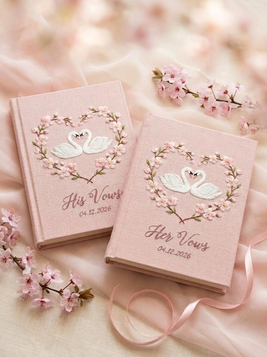 Embroidered Swan Cherry Blossom Wedding Vow Books Set of 2 with His and Her Swan Heart Vow Notebooks Keepsake - photo 9