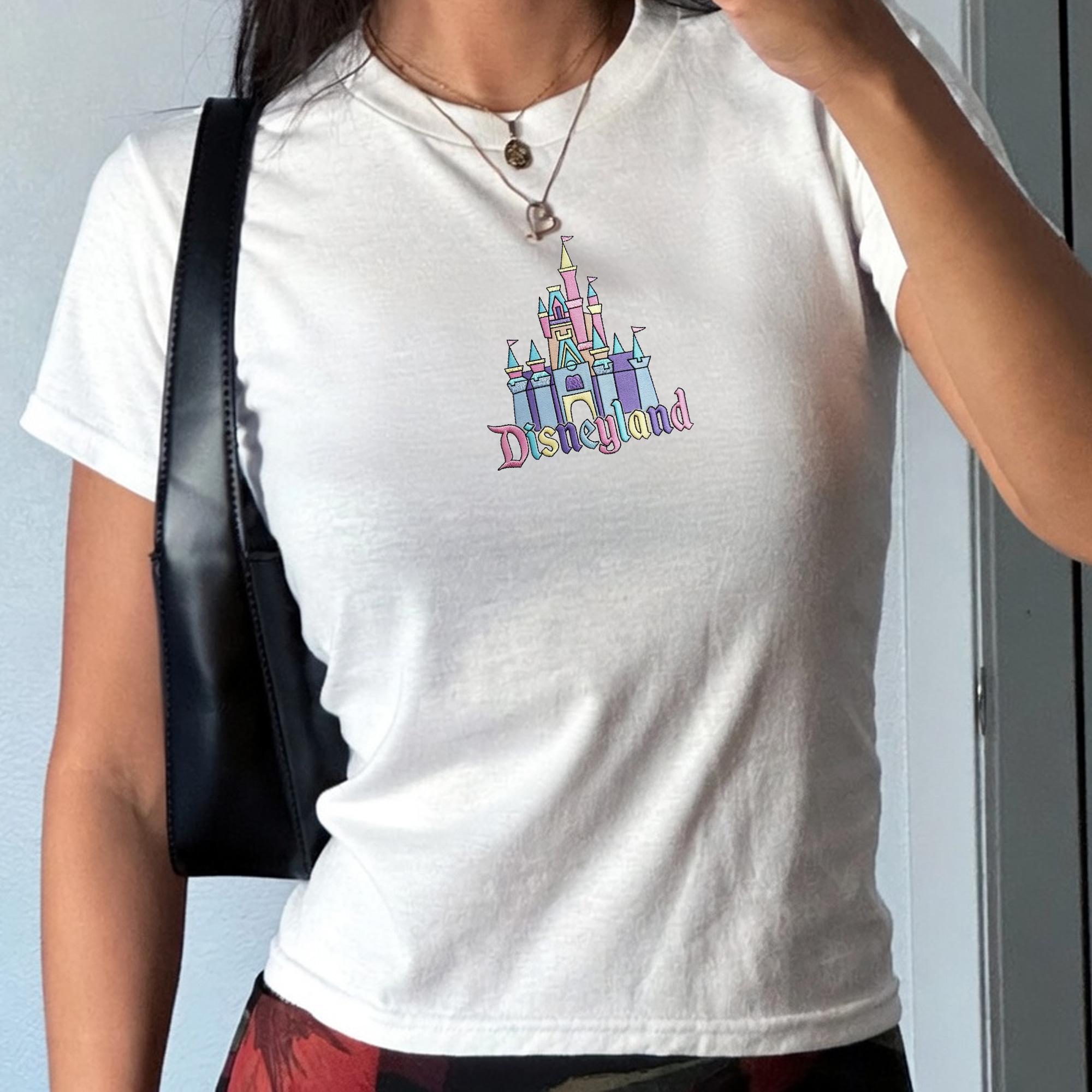 Embroidered Disneyland Castle Baby Tee In 90s Style – Cute Aesthetic Fitted Shirt For Magic Kingdom Inspired Disney Park Trip Outfit