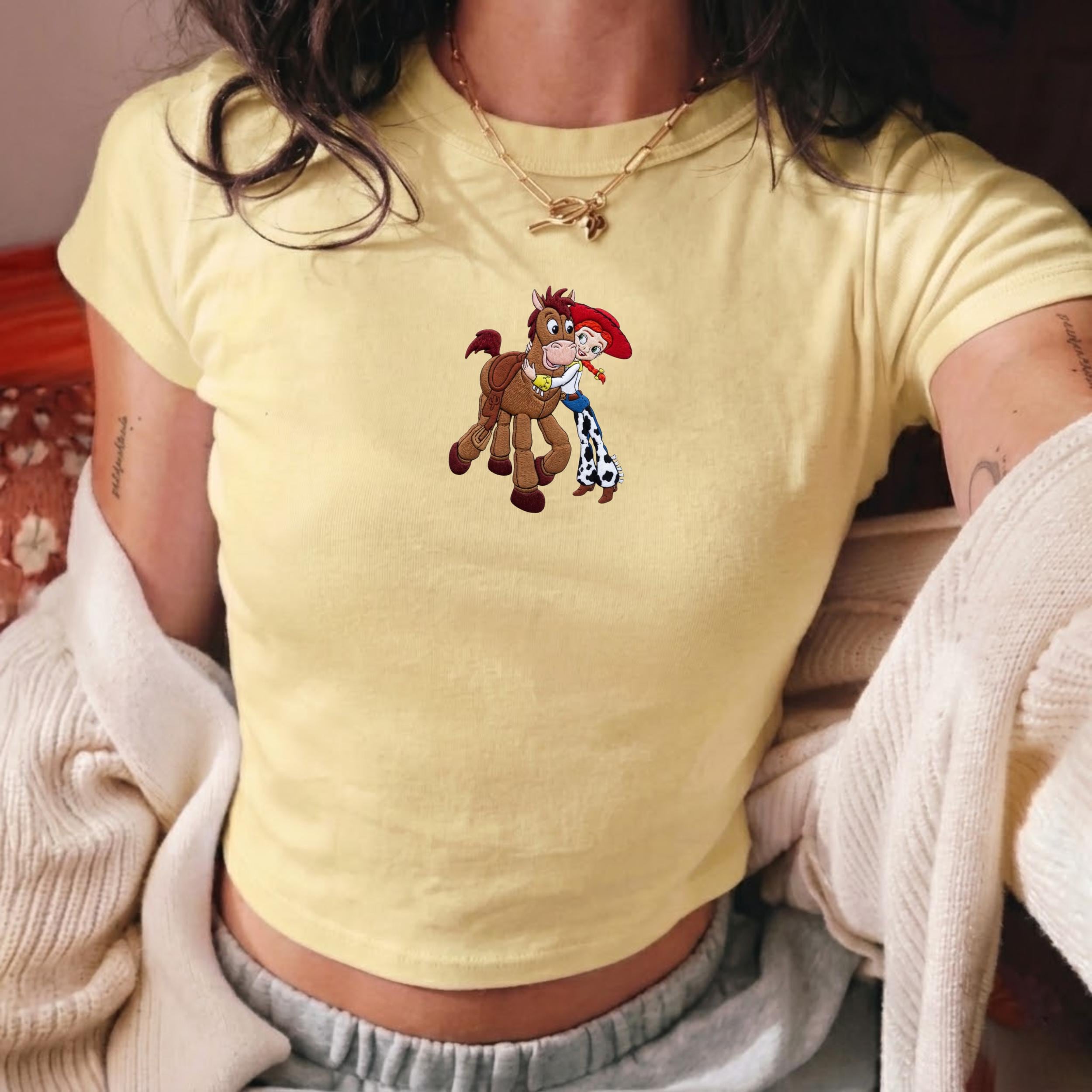 Embroidered Jessie and Bullseye Vintage Toy Story Baby Tee – Cute Y2K Disney Top for WDW Disneyland Vacation Trips