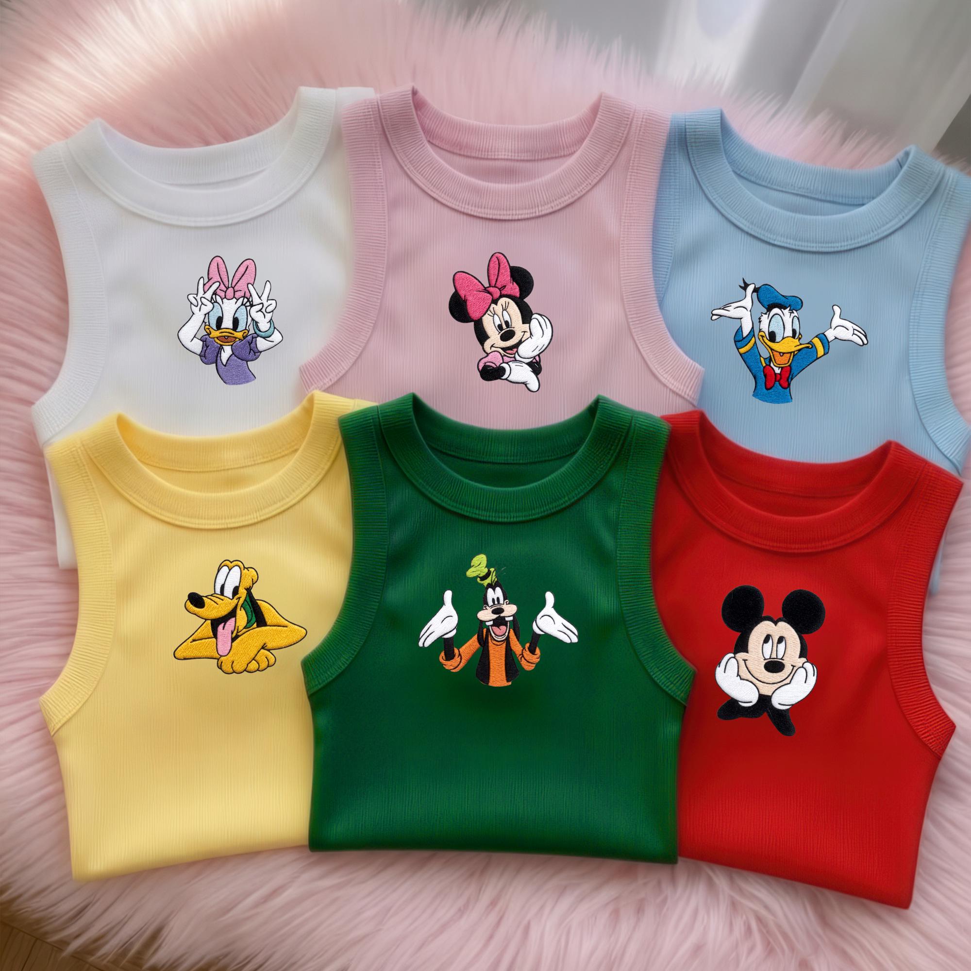Embroidered Disney Characters Ribbed Tank Top With Minimal Chest Design – Cute Aesthetic Mickey Minnie Daisy Donald Goofy Summer Shirt Outfit