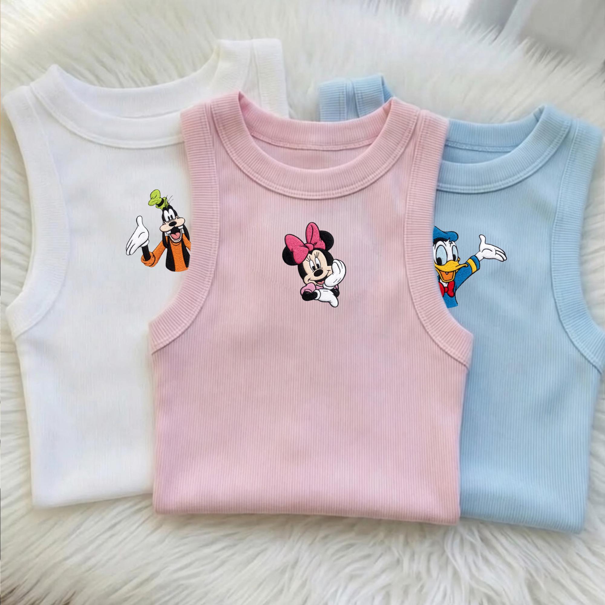 Embroidered Disney Characters Ribbed Tank Top With Minimal Chest Design – Cute Aesthetic Mickey Minnie Daisy Donald Goofy Summer Shirt Outfit - photo 8