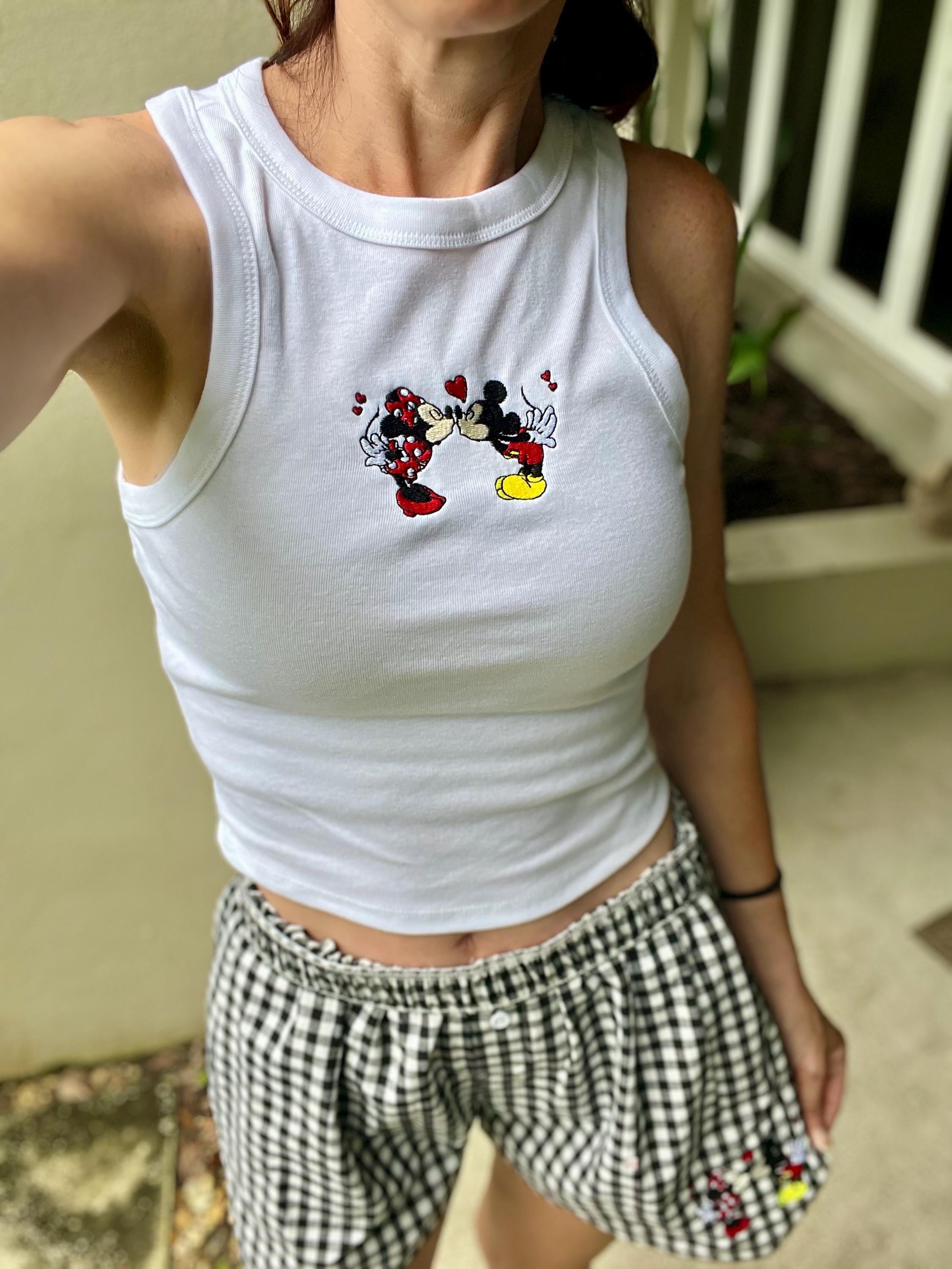 Kiss Mickey and Love Minnie Embroidered Pink Crop Tank Baby Tee – Cute Disney Couples Valentine Anniversary WDW Unisex Shirt