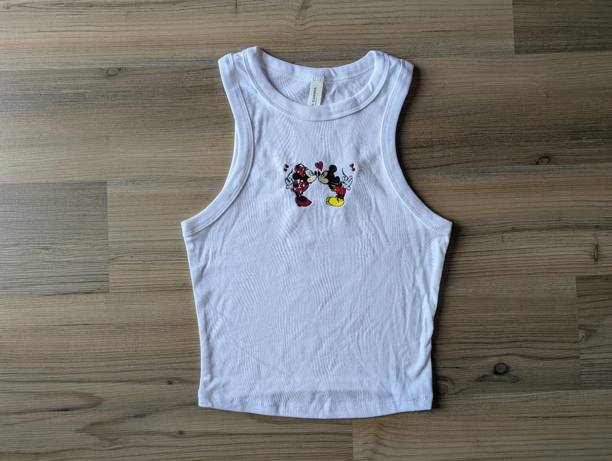 Kiss Mickey and Love Minnie Embroidered Pink Crop Tank Baby Tee – Cute Disney Couples Valentine Anniversary WDW Unisex Shirt