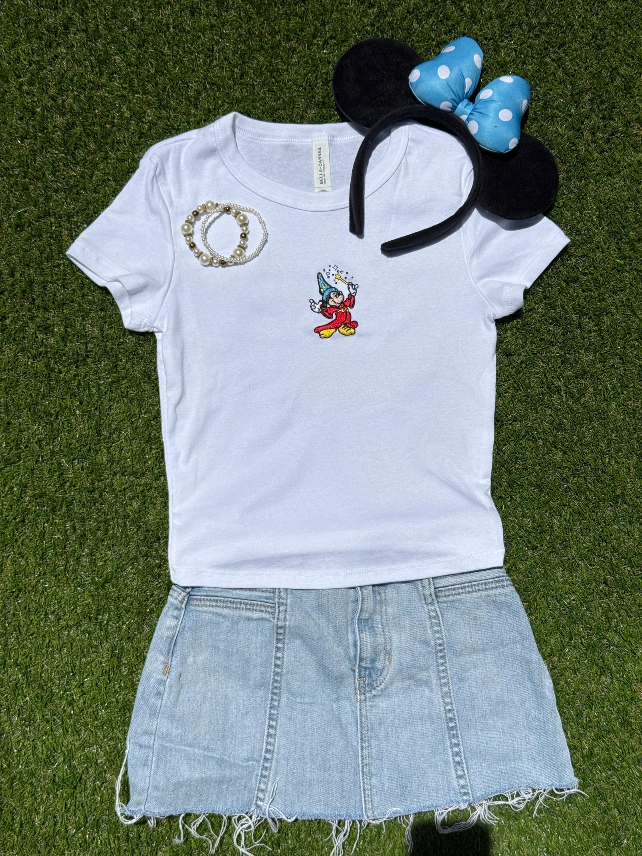 Sorcerer Mickey Embroidered Baby Tee – Fitted Crop Style Shirt with Magical Wizard Hat Design for Everyday Wear - photo 2
