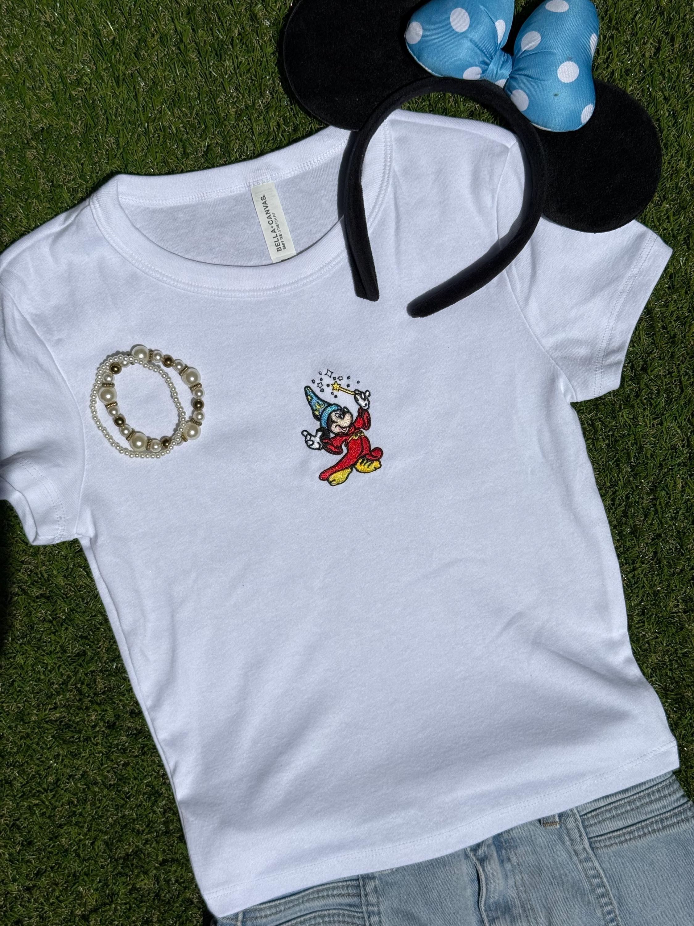 Sorcerer Mickey Embroidered Baby Tee – Fitted Crop Style Shirt with Magical Wizard Hat Design for Everyday Wear - photo 3