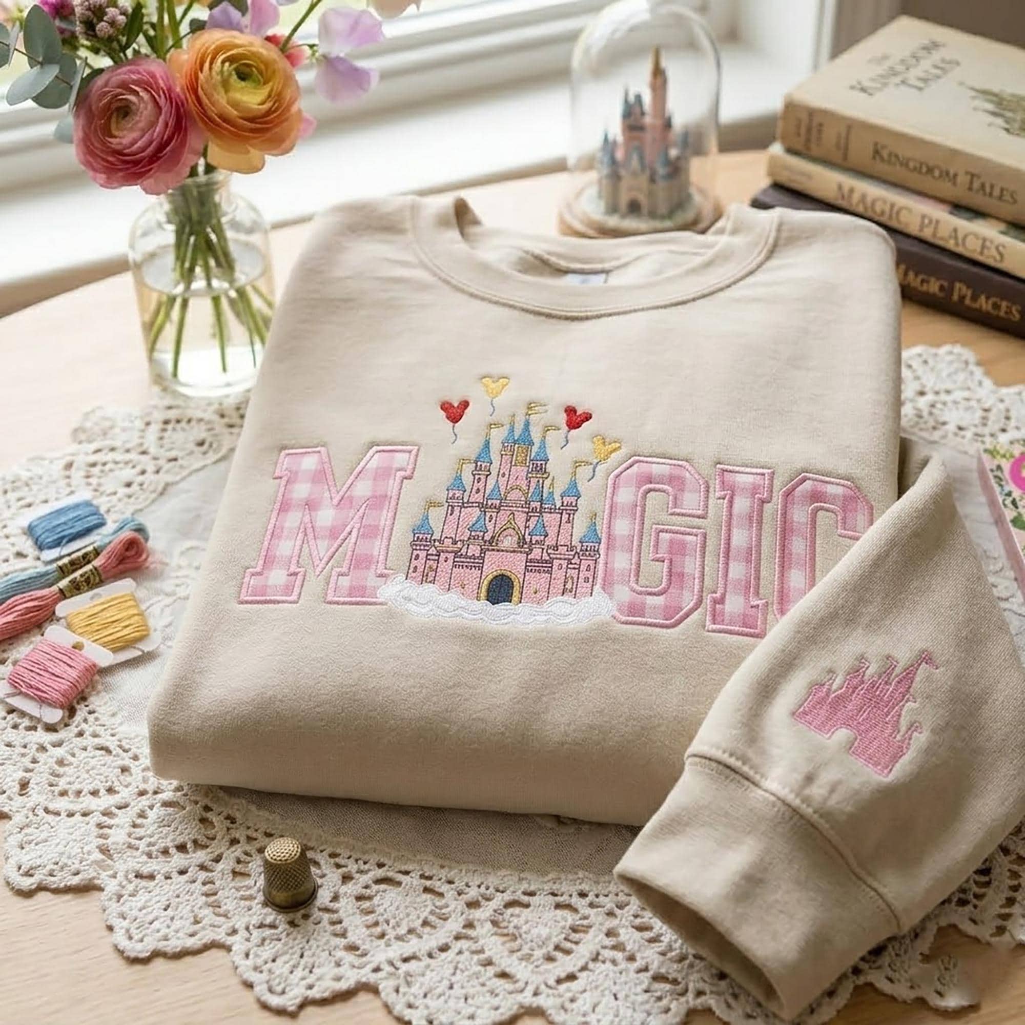 Embroidered Magic Castle Gingham Applique Sweatshirt – Princess Magical Land Crewneck Shirt for Girl Trip 2026