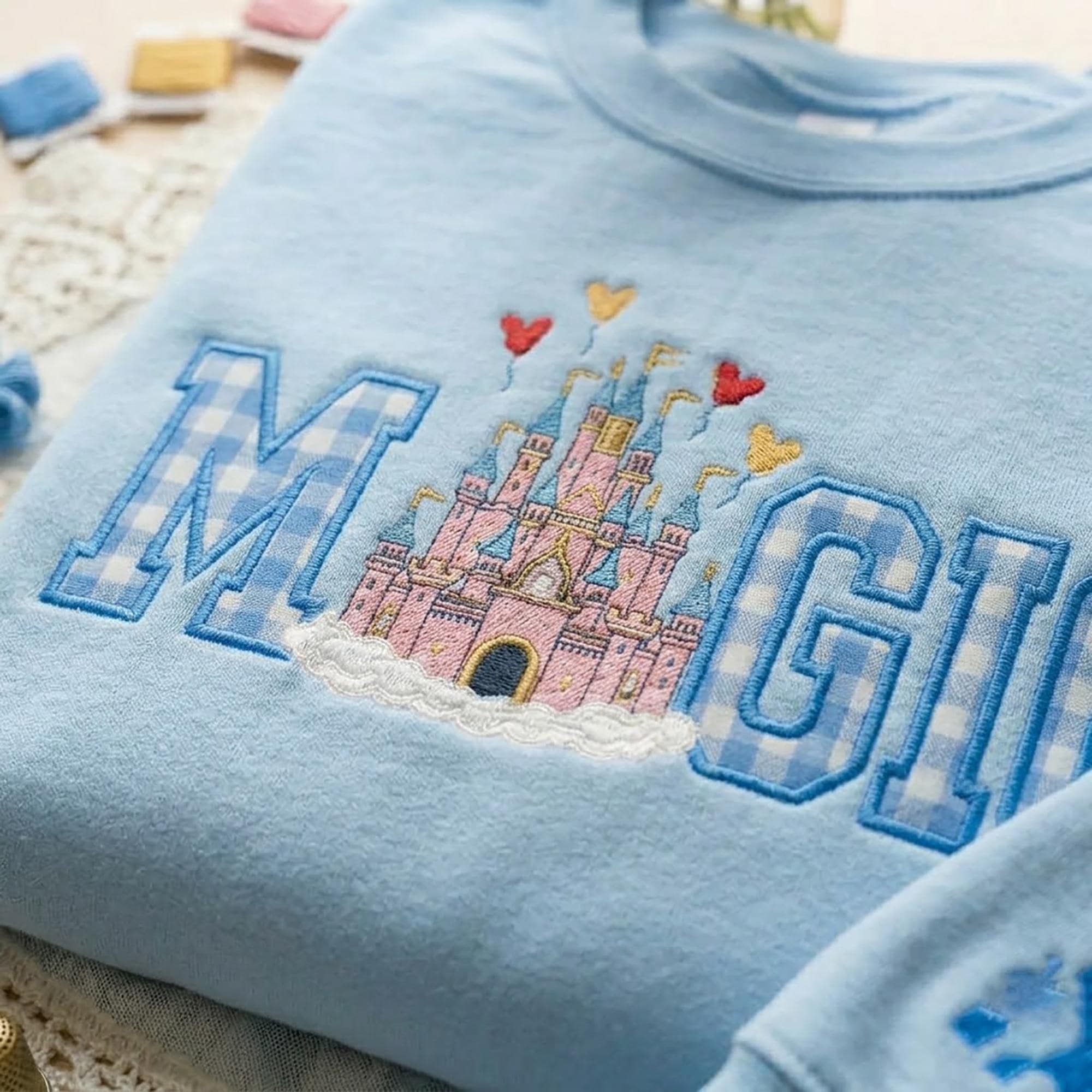 Embroidered Magic Castle Gingham Applique Sweatshirt – Princess Magical Land Crewneck Shirt for Girl Trip 2026 - photo 2