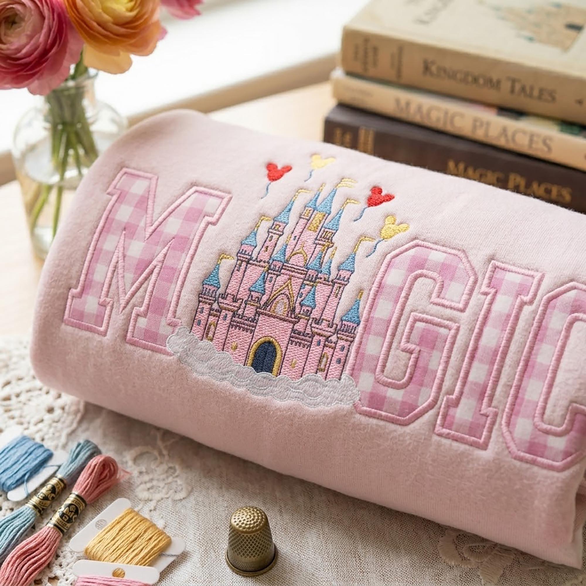 Embroidered Magic Castle Gingham Applique Sweatshirt – Princess Magical Land Crewneck Shirt for Girl Trip 2026 - photo 3