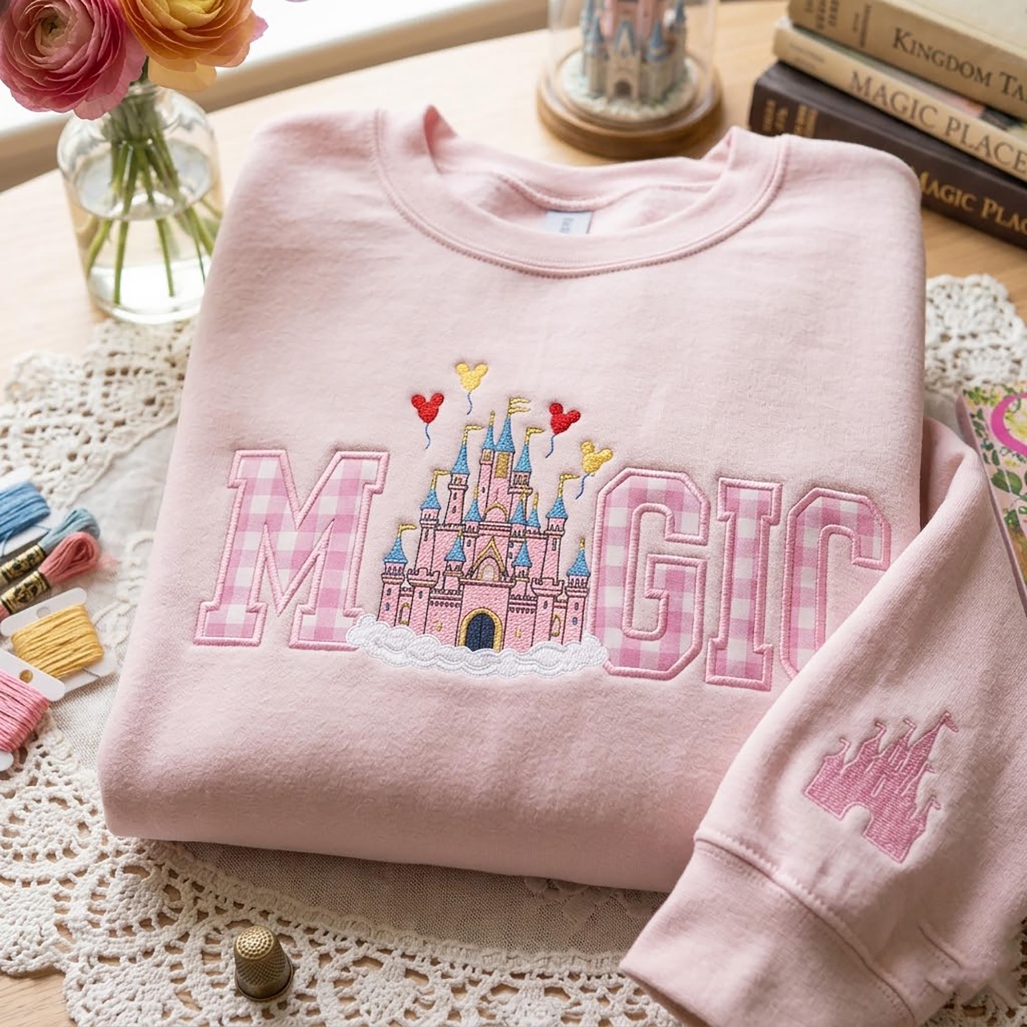Embroidered Magic Castle Gingham Applique Sweatshirt – Princess Magical Land Crewneck Shirt for Girl Trip 2026 - photo 4