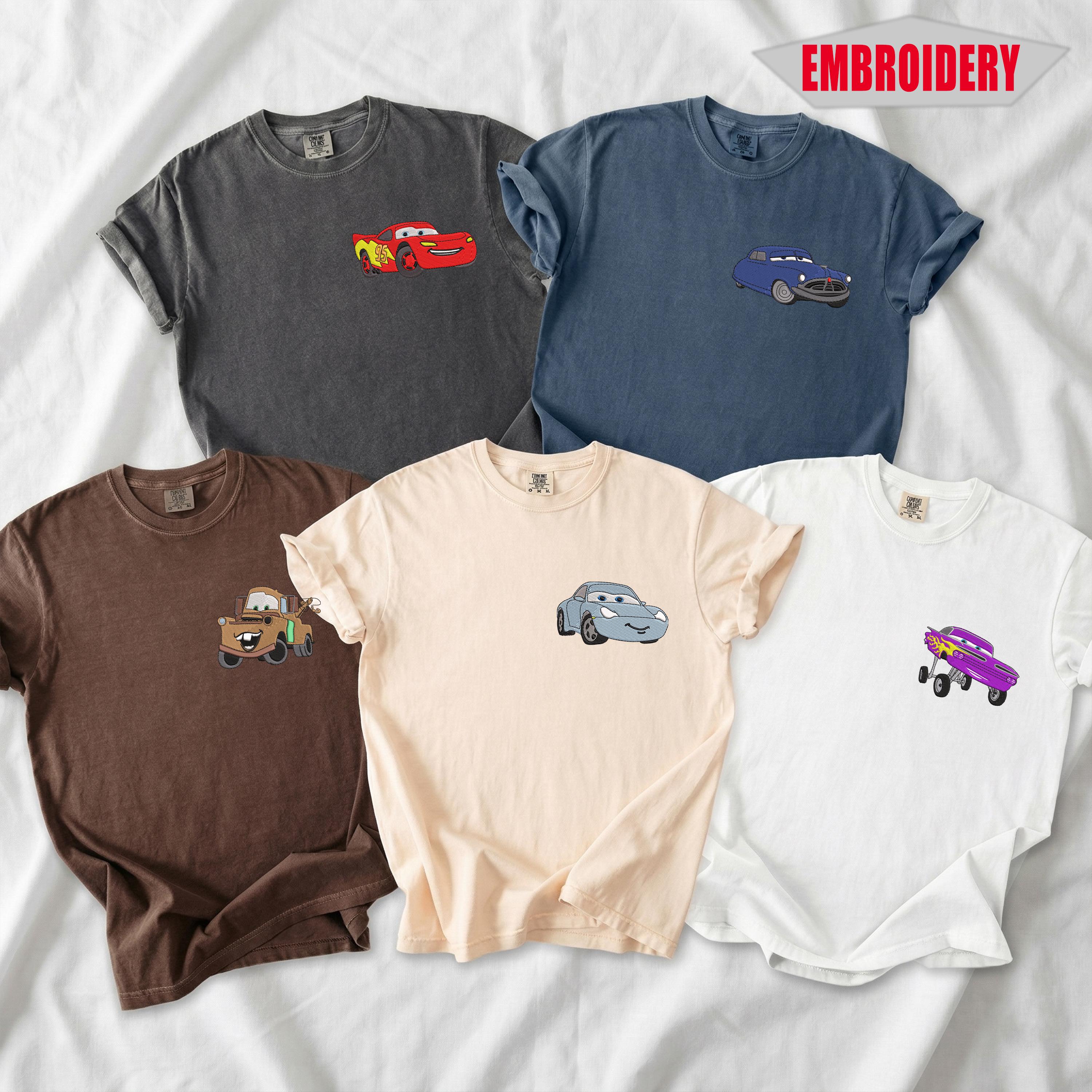 Custom Embroidered Disney Cars Comfort Colors Shirt with Lightning McQueen Mater and Sally – Racing Movie Fan Tee