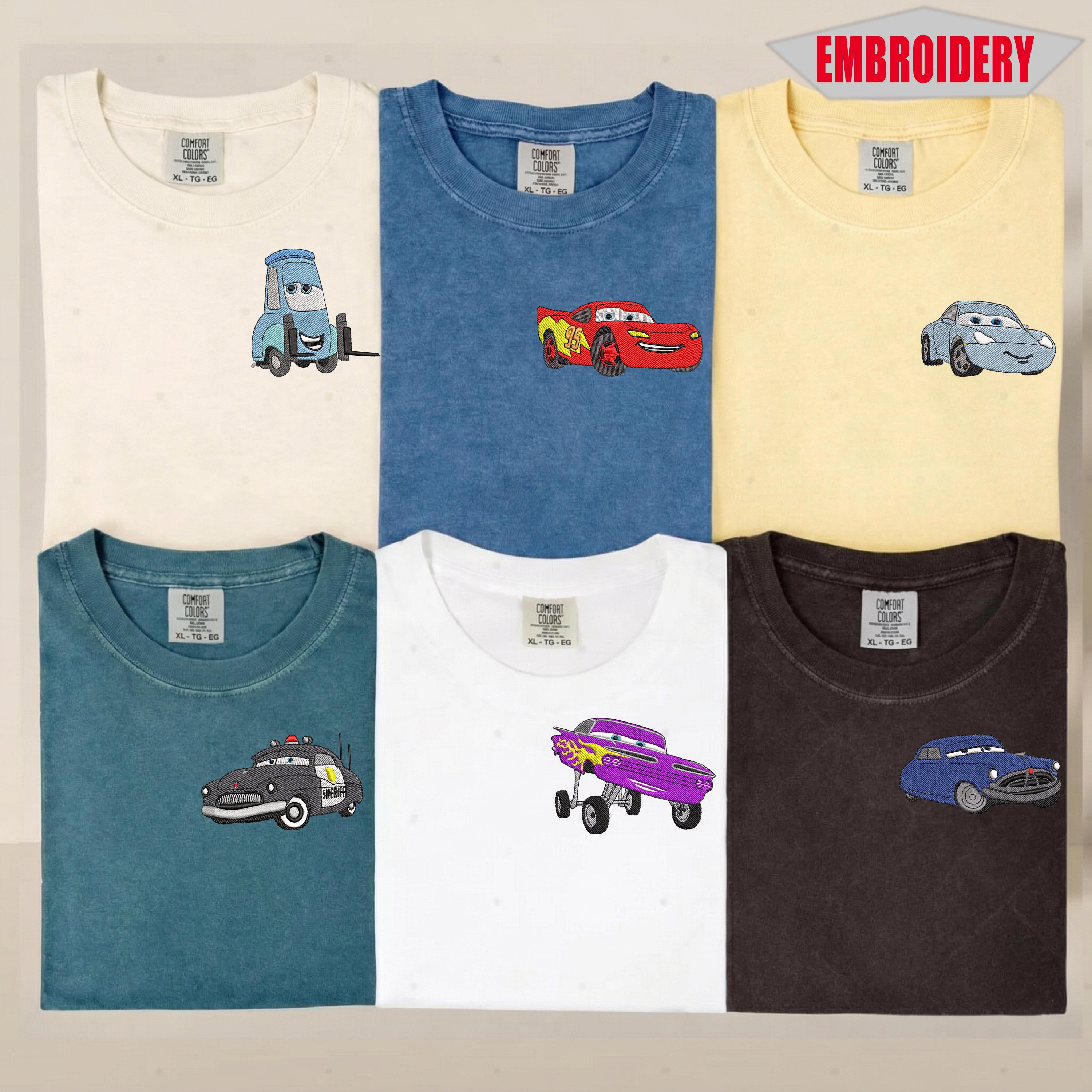 Custom Embroidered Disney Cars Comfort Colors Shirt with Lightning McQueen Mater and Sally – Racing Movie Fan Tee - photo 2