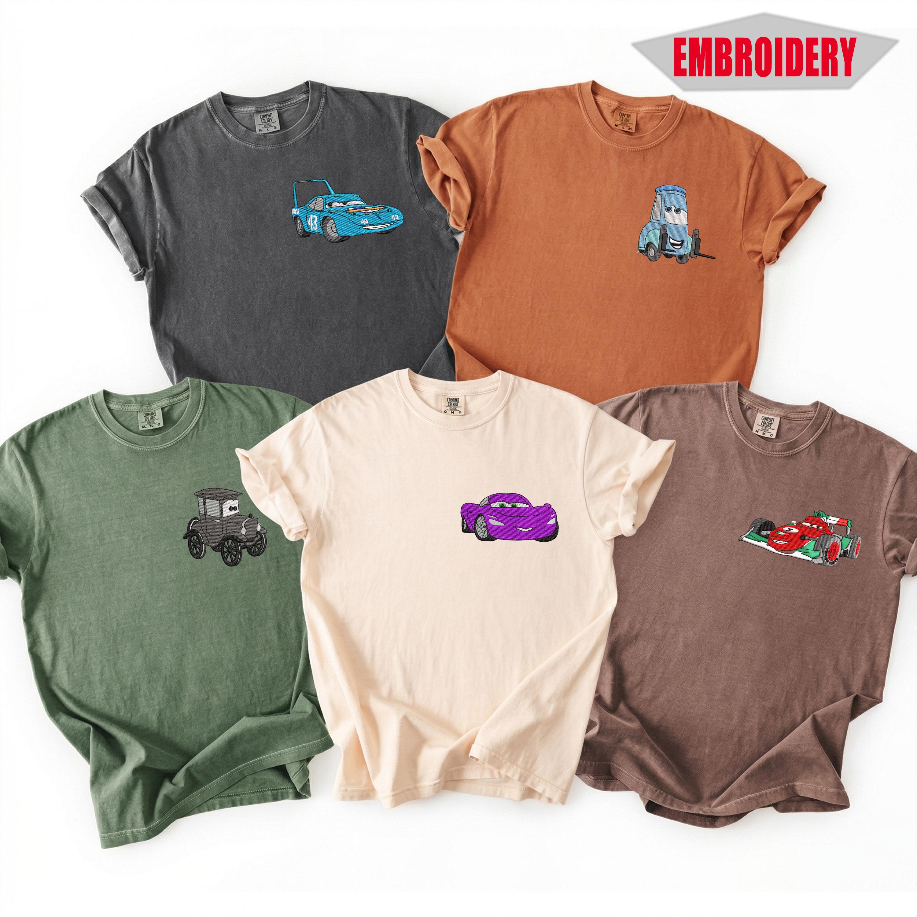 Custom Embroidered Disney Cars Comfort Colors Shirt with Lightning McQueen Mater and Sally – Racing Movie Fan Tee - photo 3