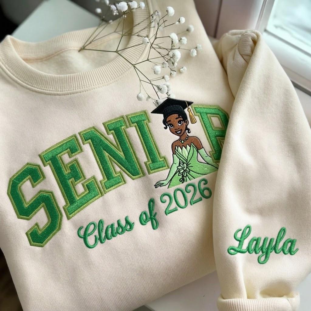 Personalized Tiana Senior Embroidered Sweatshirt with Custom Name – Disney Princess Grad Nite Crewneck and Class of 2026 Gift