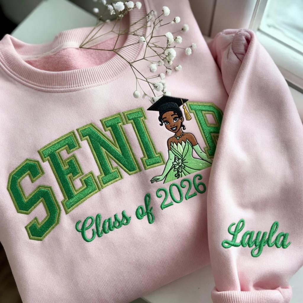 Personalized Tiana Senior Embroidered Sweatshirt with Custom Name – Disney Princess Grad Nite Crewneck and Class of 2026 Gift - photo 2