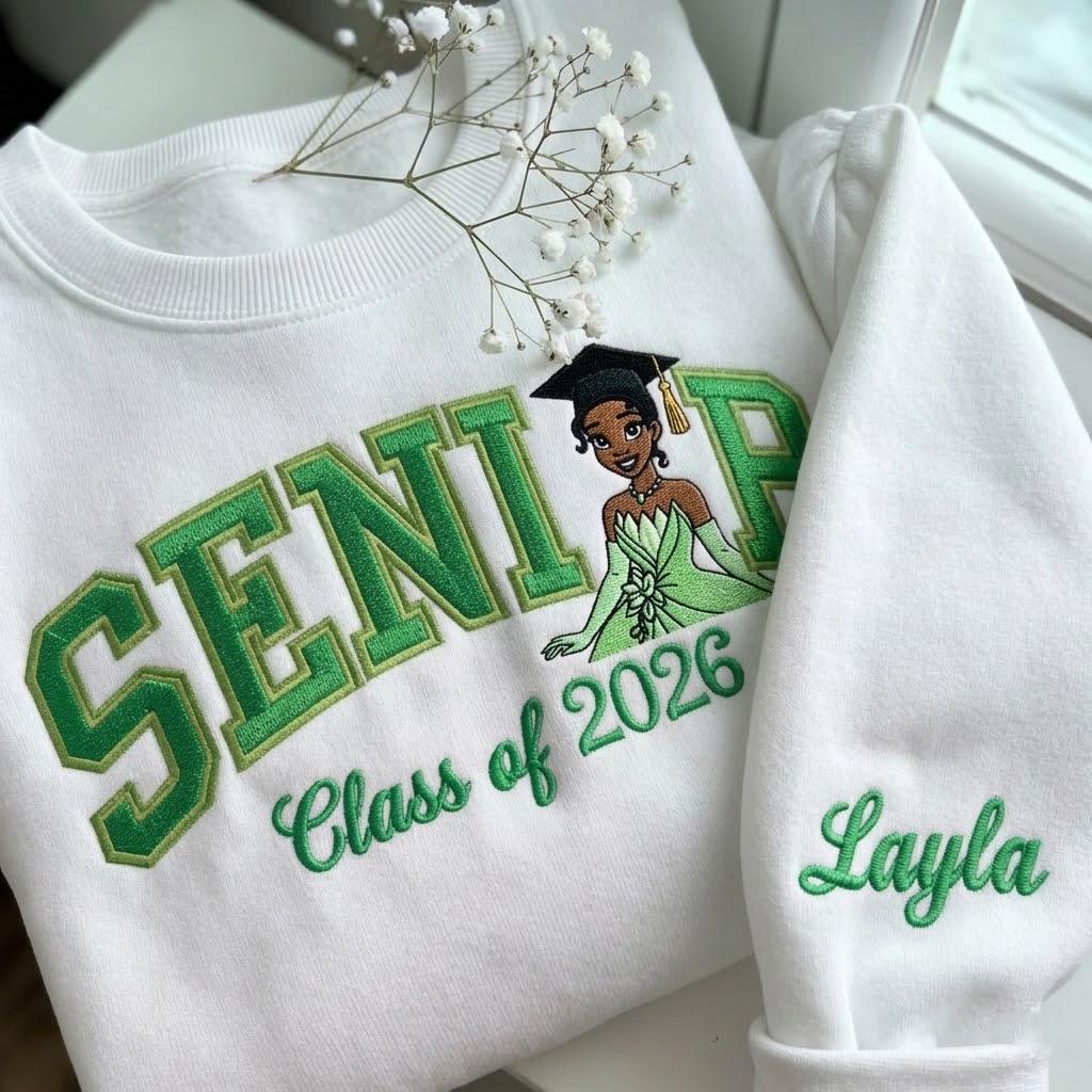 Personalized Tiana Senior Embroidered Sweatshirt with Custom Name – Disney Princess Grad Nite Crewneck and Class of 2026 Gift