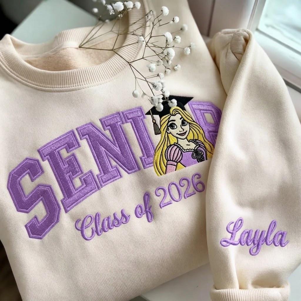 Personalized Rapunzel Senior Embroidered Sweatshirt with Custom Name – Disney Princess Grad Nite Crewneck and Class of 2026 Gift