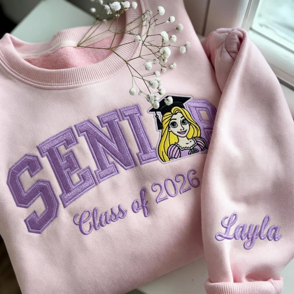 Personalized Rapunzel Senior Embroidered Sweatshirt with Custom Name – Disney Princess Grad Nite Crewneck and Class of 2026 Gift