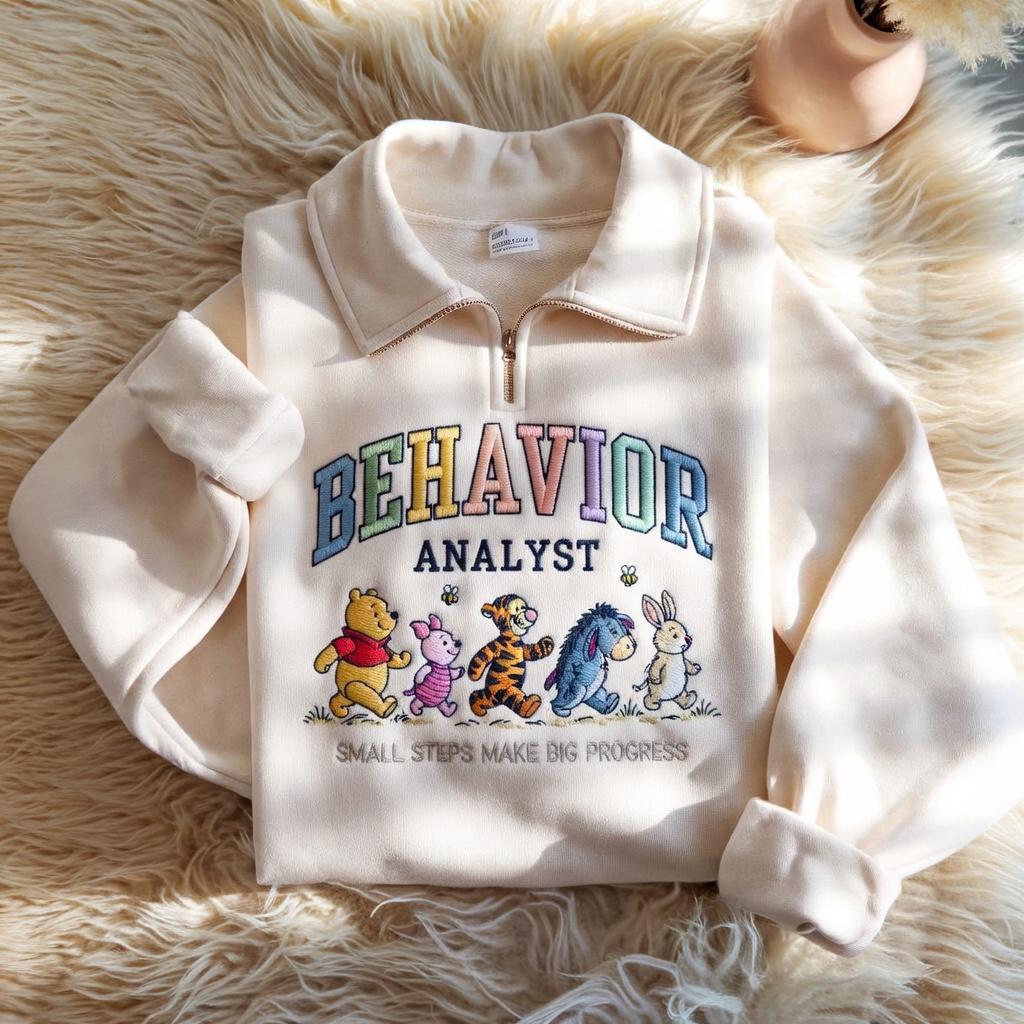 Embroidered Winnie the Pooh Behavior Analyst Quarter Zip Sweatshirt – ABA Therapist BCBA Crewneck Shirt and Gift