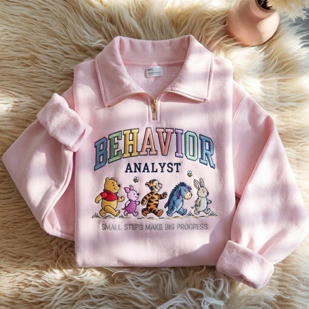 Embroidered Winnie the Pooh Behavior Analyst Quarter Zip Sweatshirt – ABA Therapist BCBA Crewneck Shirt and Gift - photo 2