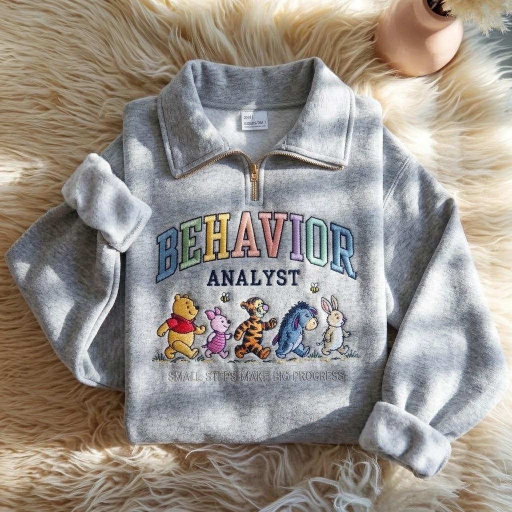 Embroidered Winnie the Pooh Behavior Analyst Quarter Zip Sweatshirt – ABA Therapist BCBA Crewneck Shirt and Gift - photo 4