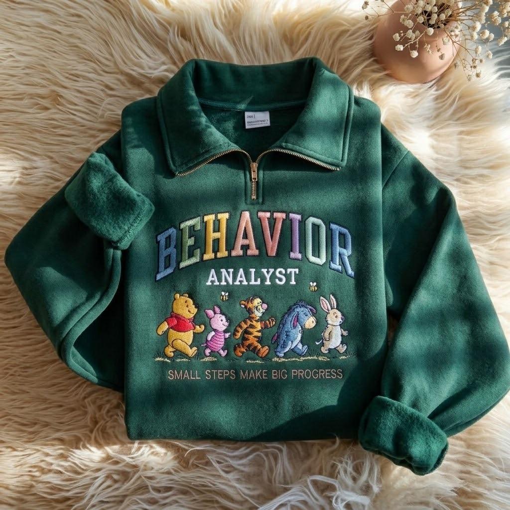 Embroidered Winnie the Pooh Behavior Analyst Quarter Zip Sweatshirt – ABA Therapist BCBA Crewneck Shirt and Gift - photo 5