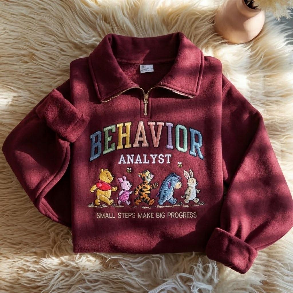 Embroidered Winnie the Pooh Behavior Analyst Quarter Zip Sweatshirt – ABA Therapist BCBA Crewneck Shirt and Gift - photo 6