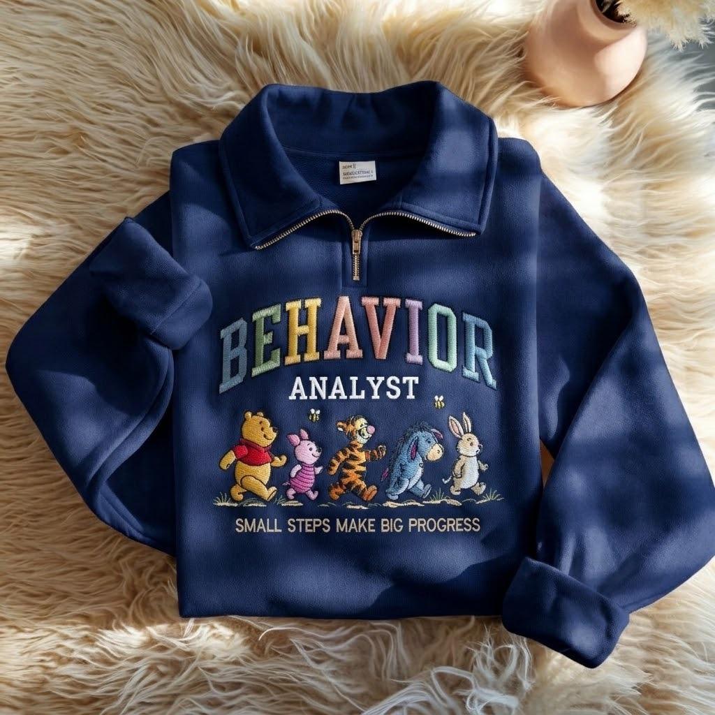 Embroidered Winnie the Pooh Behavior Analyst Quarter Zip Sweatshirt – ABA Therapist BCBA Crewneck Shirt and Gift - photo 7