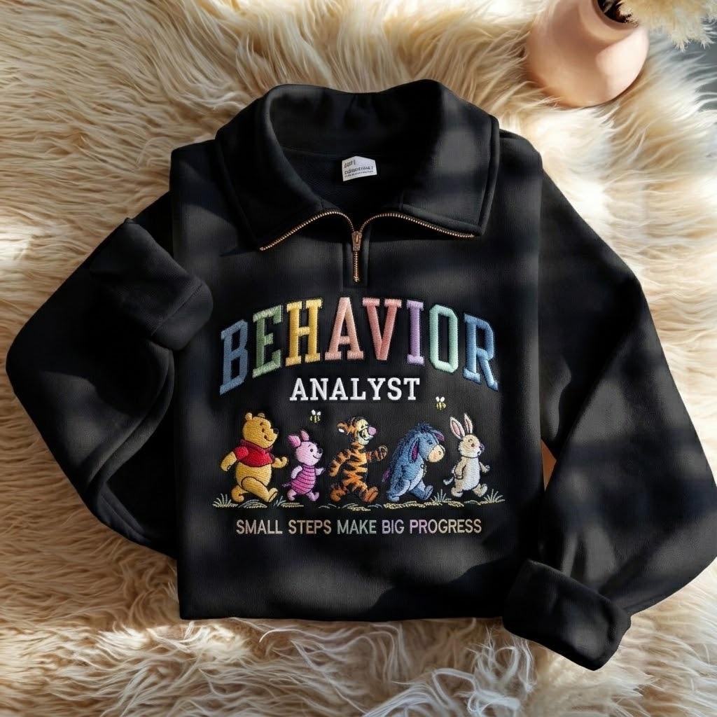 Embroidered Winnie the Pooh Behavior Analyst Quarter Zip Sweatshirt – ABA Therapist BCBA Crewneck Shirt and Gift - photo 8