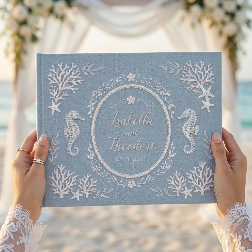 Personalized Embroidered Beach Wedding Guestbook with Linen Sea Theme Guest Book Album and Polaroid Photo Keepsake Gift