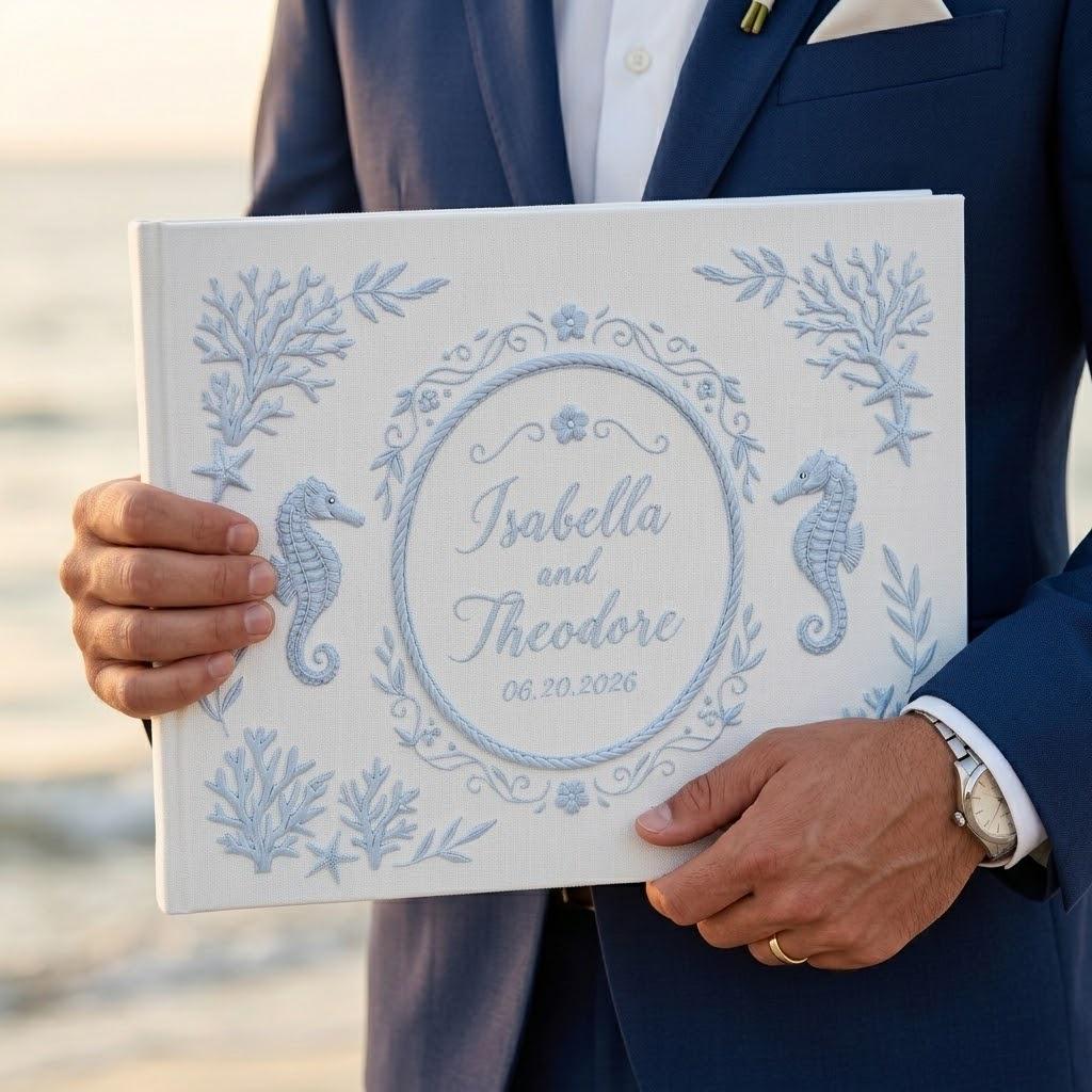 Personalized Embroidered Beach Wedding Guestbook with Linen Sea Theme Guest Book Album and Polaroid Photo Keepsake Gift - photo 2