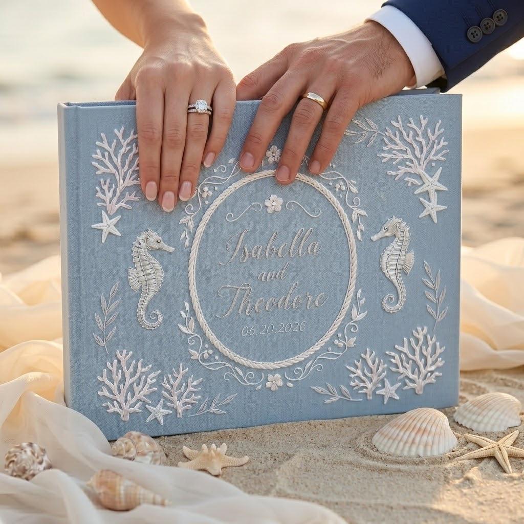 Personalized Embroidered Beach Wedding Guestbook with Linen Sea Theme Guest Book Album and Polaroid Photo Keepsake Gift - photo 3