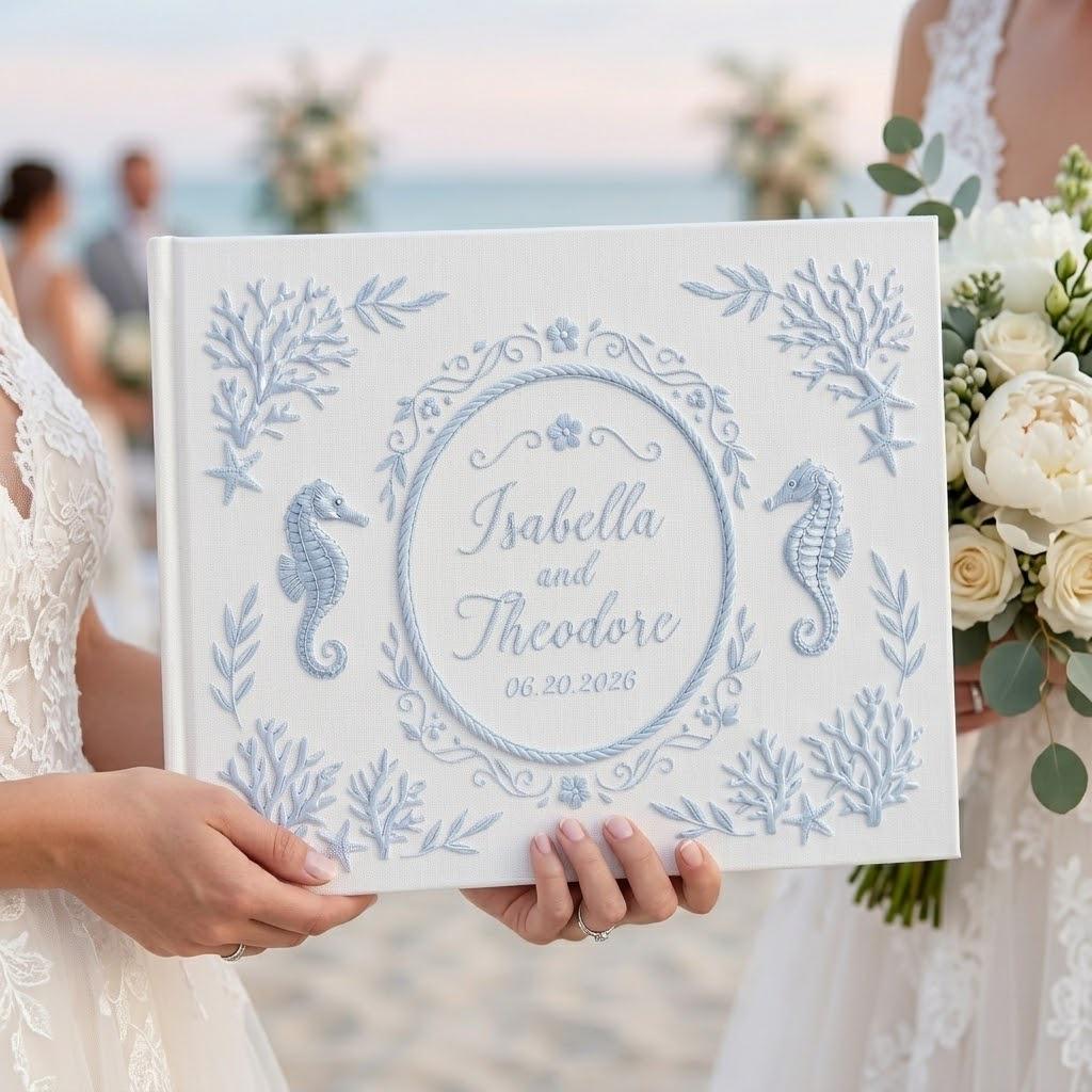 Personalized Embroidered Beach Wedding Guestbook with Linen Sea Theme Guest Book Album and Polaroid Photo Keepsake Gift - photo 4