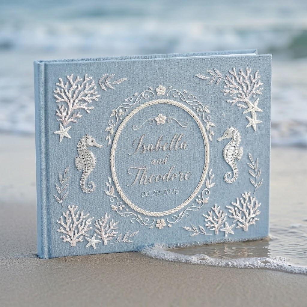 Personalized Embroidered Beach Wedding Guestbook with Linen Sea Theme Guest Book Album and Polaroid Photo Keepsake Gift - photo 5