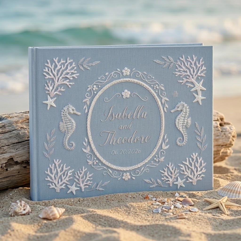 Personalized Embroidered Beach Wedding Guestbook with Linen Sea Theme Guest Book Album and Polaroid Photo Keepsake Gift - photo 11